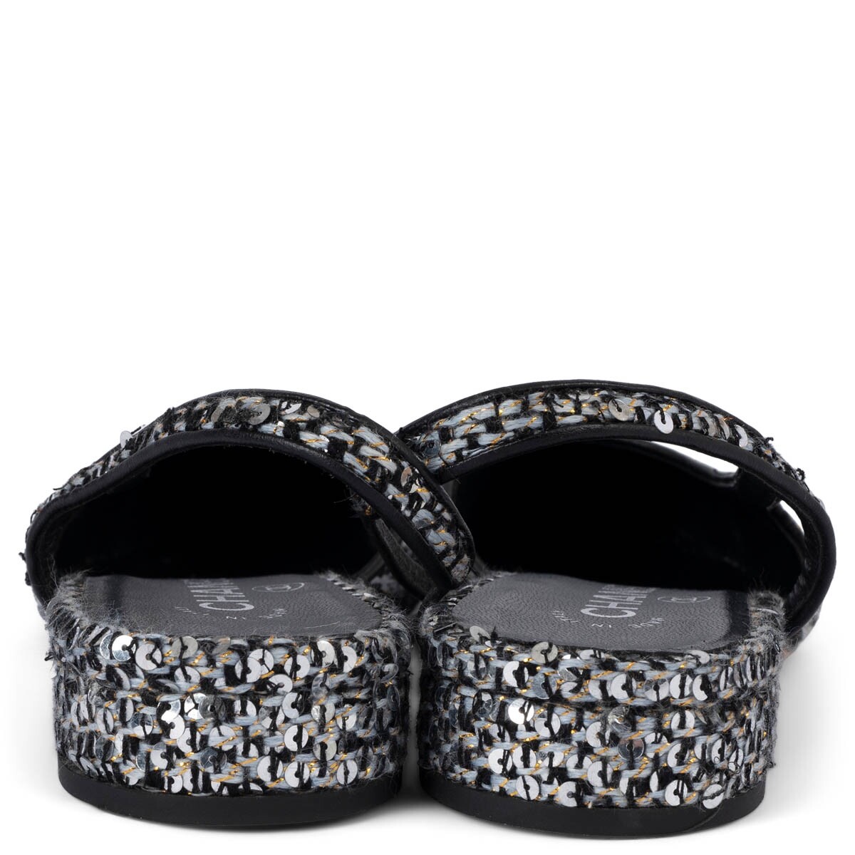 69641 auth CHANEL silver 2020 20B SEQUIN TWEED Slingback Flats