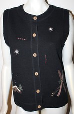 WOOLRICH Cotton Vest M Black Red Snowflake Ski Cabin Winter Womens