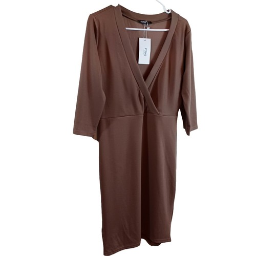 Yoins Knit Brown Sweater Dress Deep V- Neck 3/4 Sleeve Women’s SIZE L/12 NWT - Picture 2 of 7