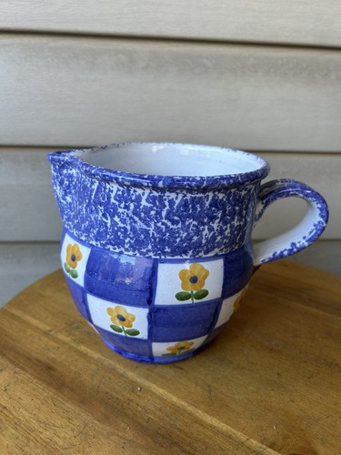 Yellow Floral Blue Checkered Redware Art Pottery Pitcher 6" Portugal