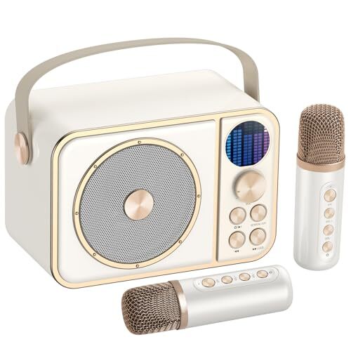 Mini Karaoke Machine for Kids Adults, Portable Bluetooth Speaker with 2 White