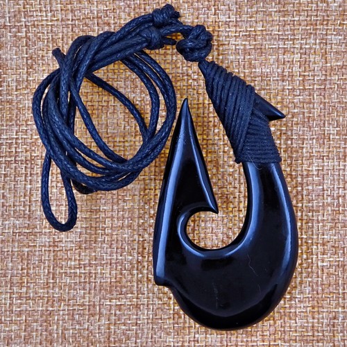 Large Scrimshaw Maori Fish Hook Pendant Necklace Hand Carving 3" Tall (HC-84) - Picture 2 of 4