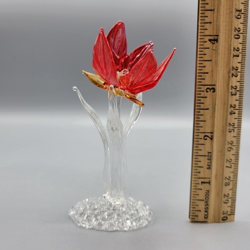 Hand Blown Handcrafted Red & Clear Glass Flower Sculpture Art Decor Figurine - Picture 8 of 8