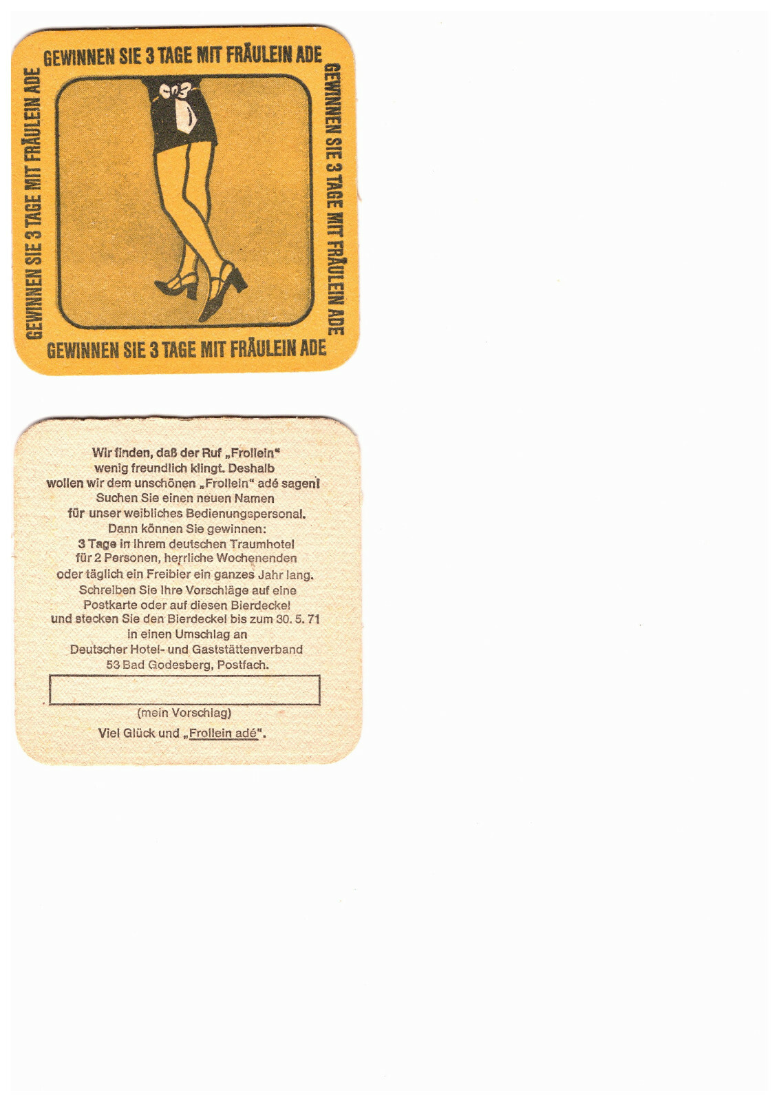 Bierdeckel " Fräulein ade " / Deutscher Hotel - und Gaststättenverband / 3 x