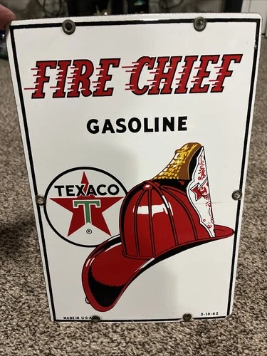 Early Original Vintage 1962 Texaco Fire Chief Porcelain Pump Plate Gas Oil Sign