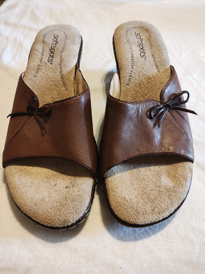 Softspots Leather Sandals Womens 7.5 M Open Toe Slide Wedge Brown  - Image 2 of 4