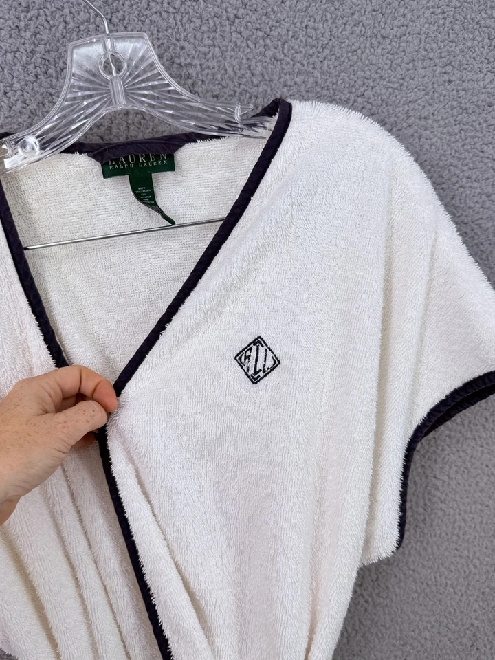 Lauren Ralph Lauren Mujer XL Algodón Corbata Cintura Terry Bata Blanco con Monograma Foto 4 de 4