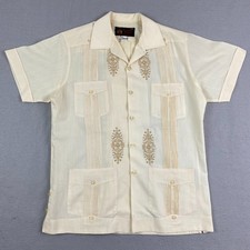 Vtg 70 80 s Yucateca Mens Cream princeton Guayabera cuban Wedding Shirt S/M