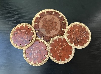 VTG Woven Rattan & Faux Leather Coaster Set with Sea Life Motifs, 5 Piece Set