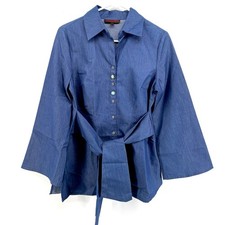 Mishca Blue Chambray Shirt Dress Belt Turquoise Ornate Buttons Bell Sleeve (B)