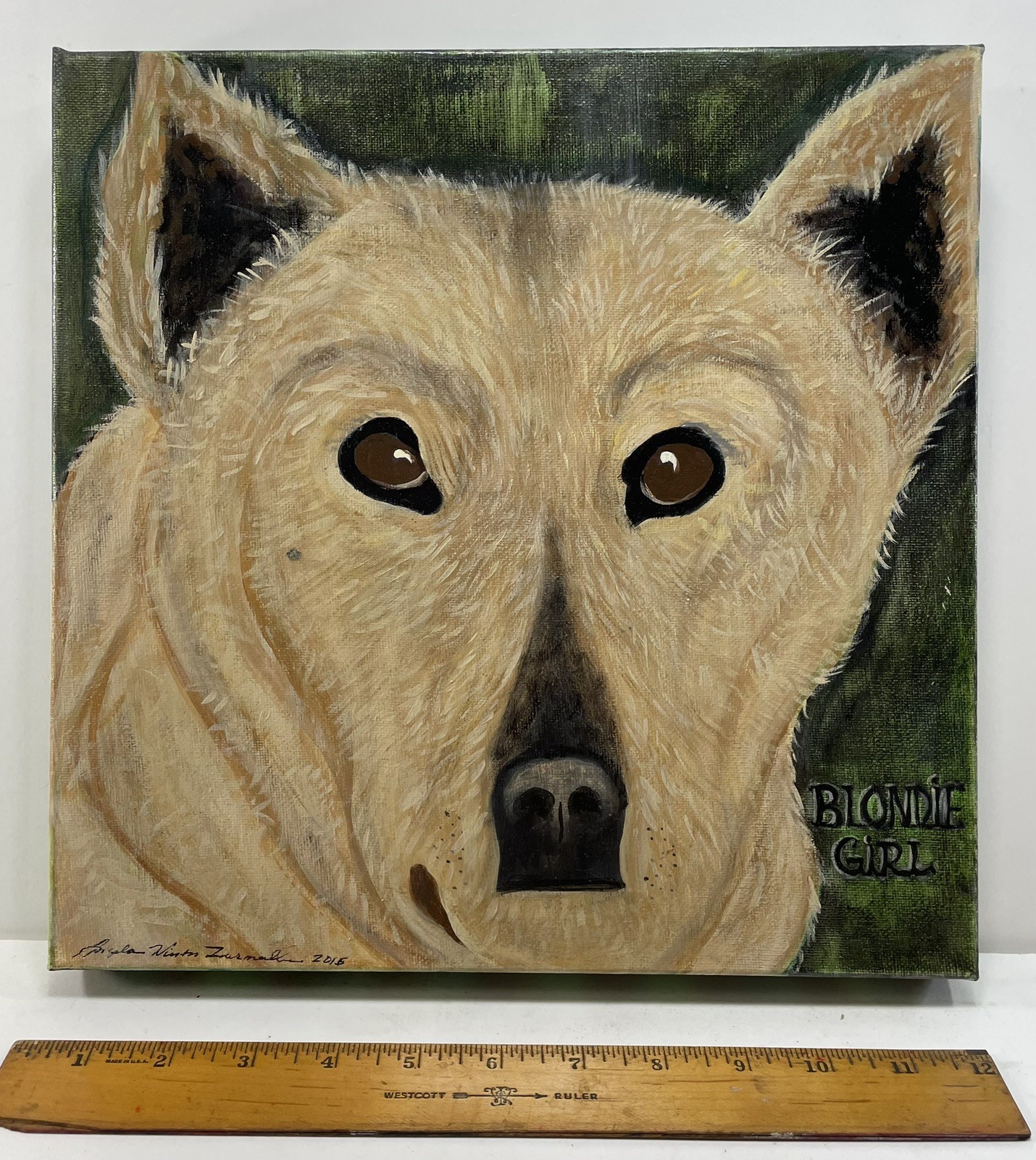 White Shepherd Wolf Dog Painting Canvas BLONDIE GIRL naïve Outsider Art signed