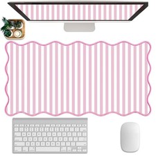 Scalloped Desk Mat Extended Large Cute Striped Mouse Pad 31.5" x 15.7", Pink