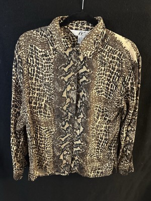 FY2 Pure 100% Silk Animal Print Button Down Long Sleeve Women s Blouse Small