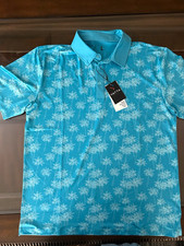 Yatta Golf Men's Blue Palm Tree Print Short Sleeve Collared Button Polo Shirt L