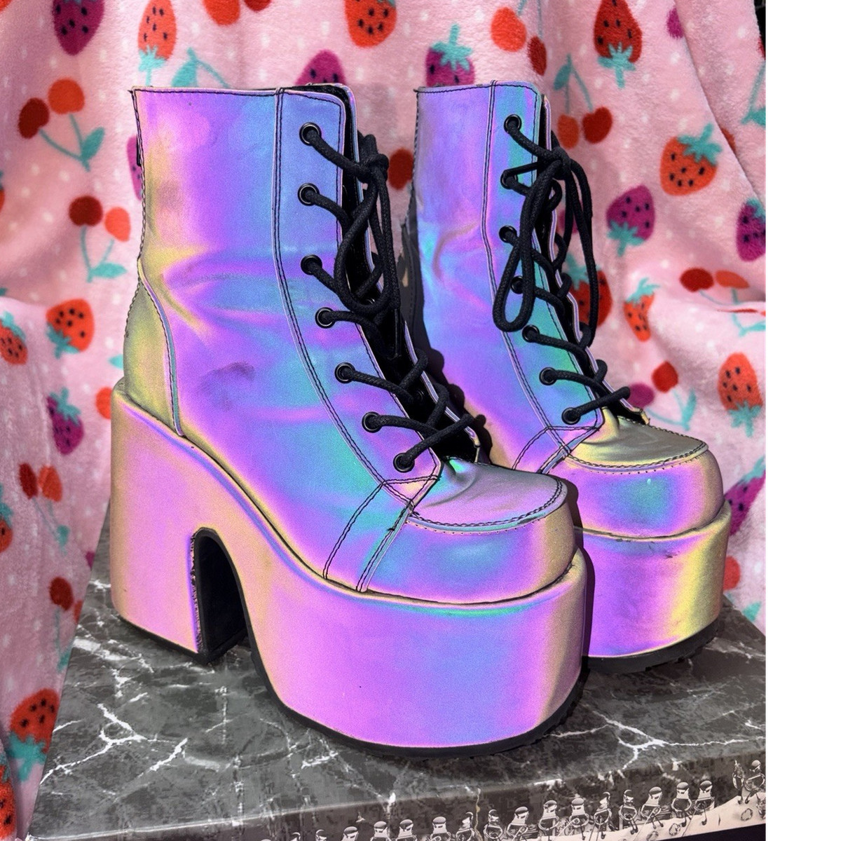 Demonia CAMEL-203 Green Multi Reflective Lace-Up Zip Platform