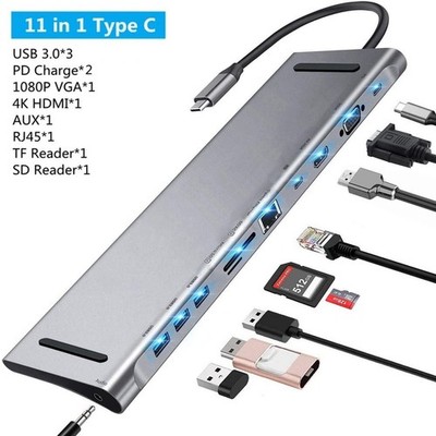 11-in-1 USB-C Hub Dockingstation Adapter HDMI 4K VGA RJ45 PD SD/TF USB 3.0