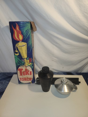 VINTAGE TIKI TORCH W BOX MID CENTURY MODERN COPPER ANODIZED ALUMINUM + EXTRAS