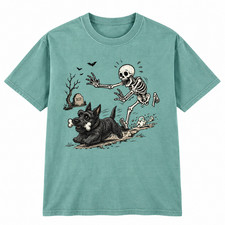 Skeleton Chasing Dog Shirt Funny Halloween Graveyard Spooky Graphic T-Shirt