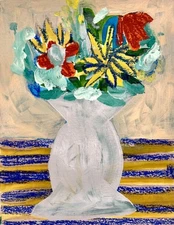 Hand-made Acrylic Original Flower Bouquet White vase Painting 12x9 inches