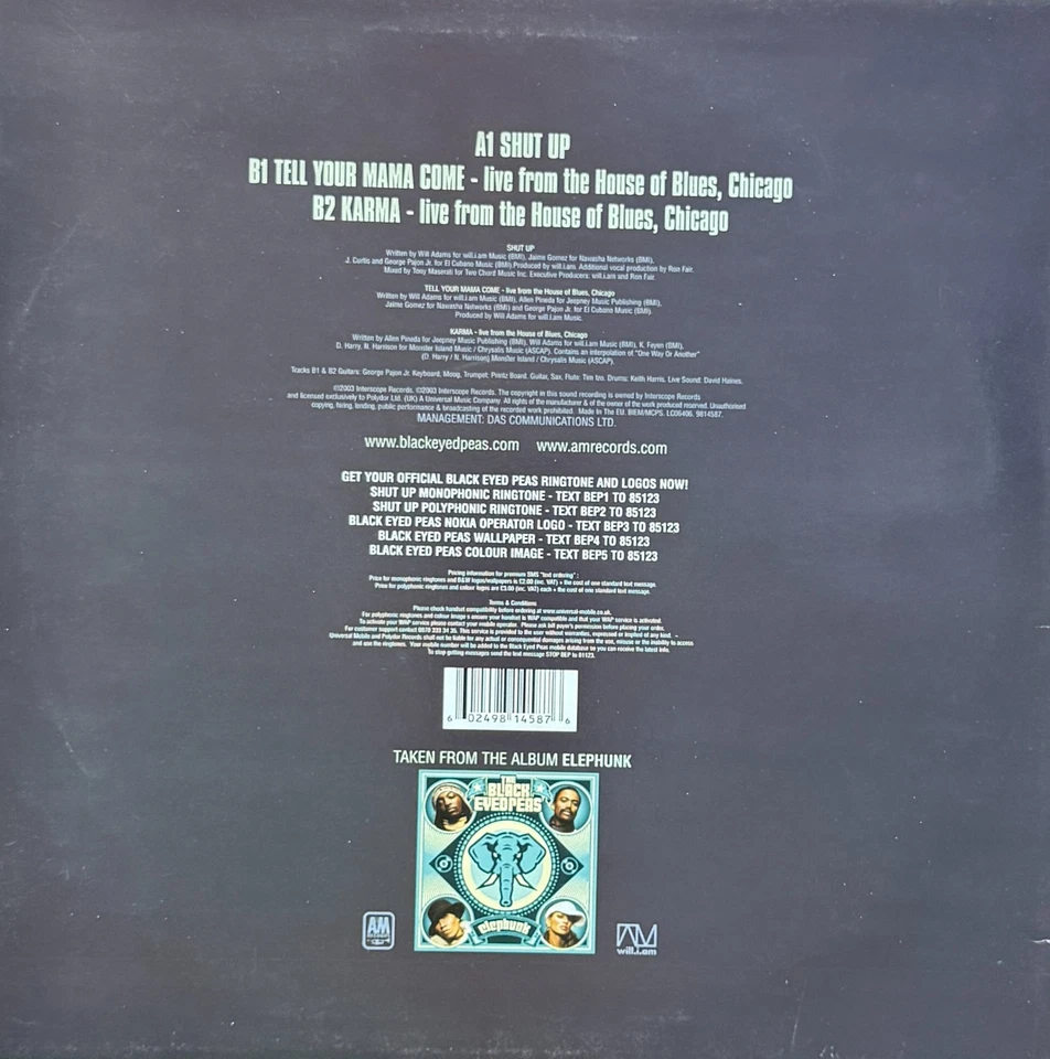 The Black Eyed Peas – Shut Up Label: A&M Records Format: Vinyl, 12" 2004 Foto 2 de 2