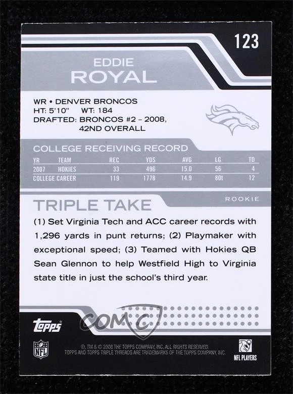 2008 Topps Triple Threads Auto Prime Rookies /25 Eddie Royal #123 Auto RC - Image 2 of 2