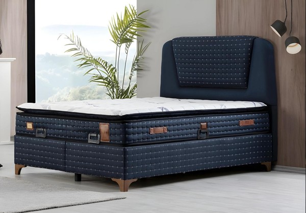 Blaues Bett Mit Matratze Aus Textil Und Holz, Modernes Design-image