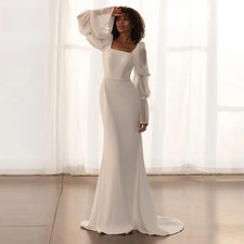 Vintage Satin Wedding Dress Customize Square Collar Long Sleeve Pearl Bride Gown