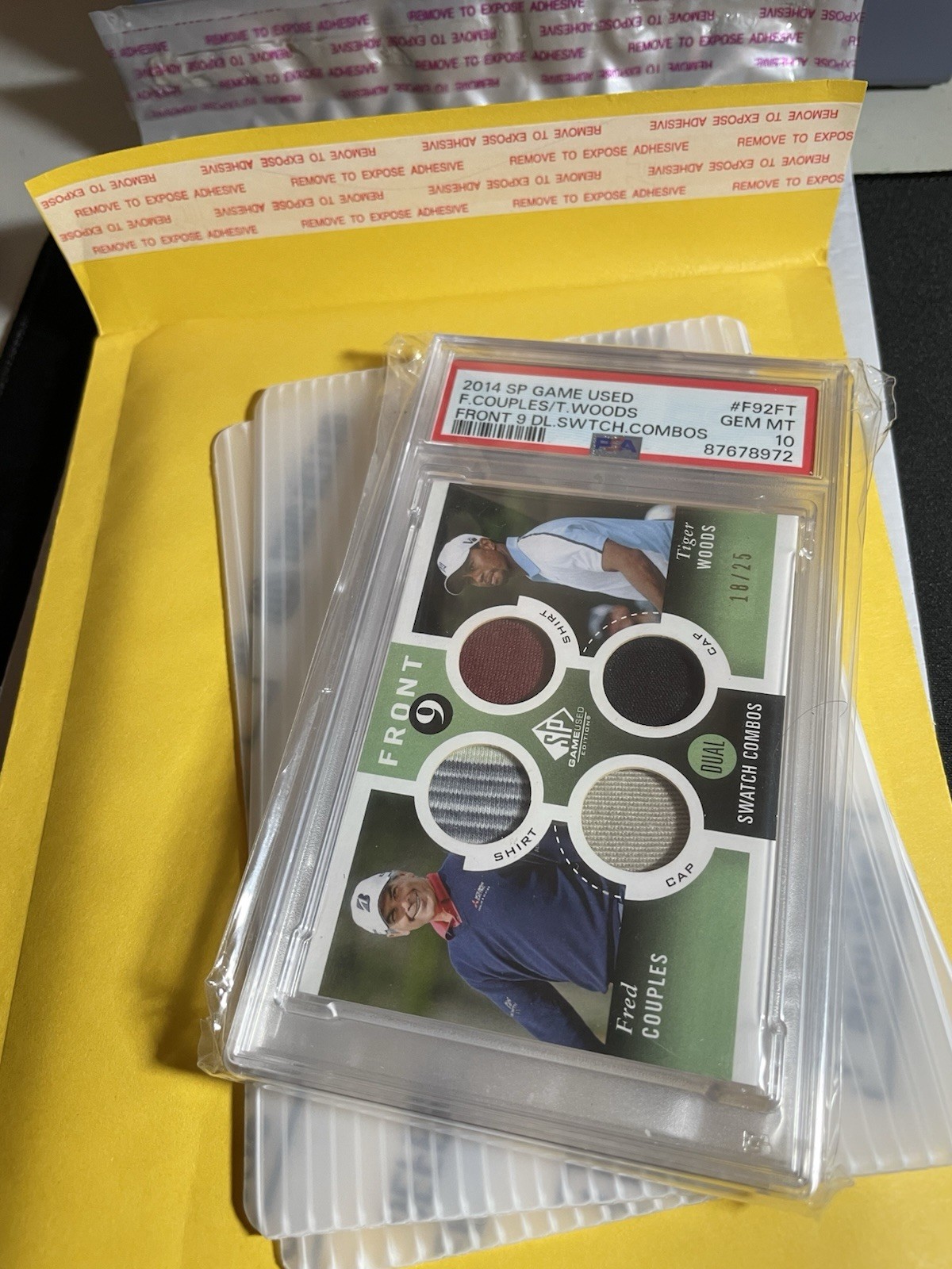 2014 SP Game Used Tiger Woods Fred Couples /25 Front 9 Dual Swatch Sunday PSA 10 view 5