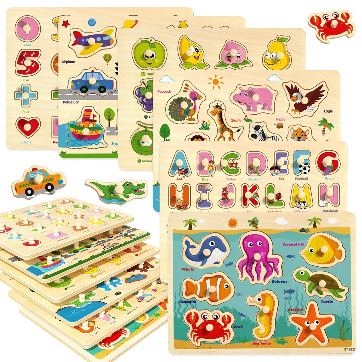 Wooden Peg Puzzles for Toddlers 2-4, 6 Pack Educational Peg