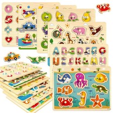 Wooden Peg Puzzles for Toddlers 2-4, 6 Pack Educational Peg Puzzles Montessor...