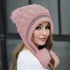 Winter Fur Hat Fleece Lined Earflap Knitted Beanie Women Casual Slouchy Thermal