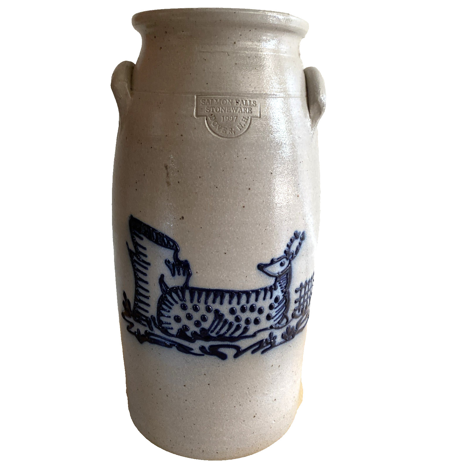 Salmon Falls Stoneware Crock Lamp Cobalt Blue Reindeer Deer NH Salt Glaze