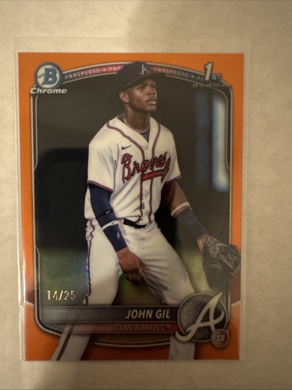 2025 Bowman Chrome, John Gil 1st Bowman BCP-172 Orange Refractor /25 Braves