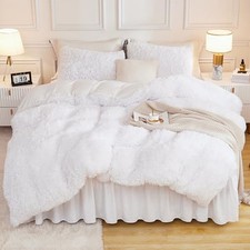 Faux Fur White Comforter Queen Size, 3 Pieces Fluffy Fuzzy Plush Bedding