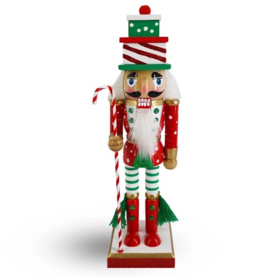 Candy Cane Nutcracker Red White Green with Gift Hat 10 Inch
