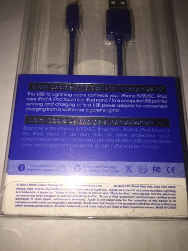 Brand New- iWorld 5ft Lightning Connector For iPhone (BLUE) MFI Certified - Picture 3 of 3