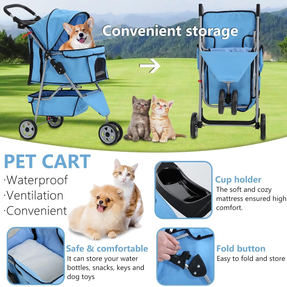 New Blue Pet Stroller Cat Dog Cage 3 Wheels Stroller Travel Folding Carrier - Image 4 of 4