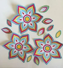Blue Flowers with Pink, Yellow and White - Iron On Fabric Appliques