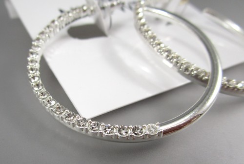 New NINE WEST 1.5" Silver Tone Open Hoop Rhinestones post Pierced Earrings 83z - Picture 6 of 6