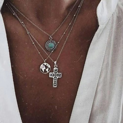 Fashion Women Layered Necklace Retro Ethnic Turquoise Earth Cross Pendant 1425 - Picture 2 of 4
