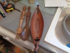 carved wood salad serving set, 14" long + decorative wooden dish