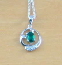 Sterling Silver Emerald Lab Created  Circle Pendant & Chain/Emerald Necklace/UK