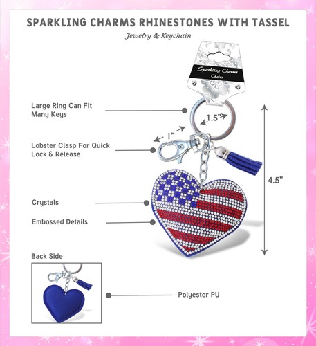 Aqua79 USA Flag Heart Keychain - Sparkling Rhinestones Charm, Tassel and Clasp - Picture 2 of 9