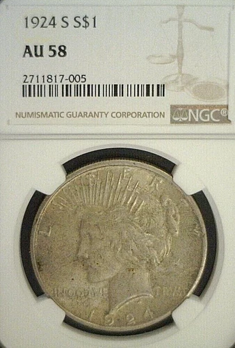 1924-S PEACE SILVER DOLLAR NGC AU58. REDUCED 6/18/25 (1632)
