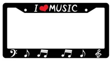 Black License Plate Frame I LOVE MUSIC (notes) Heart Auto Accessory