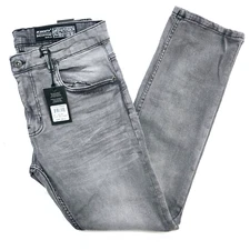 M.Society Men's Jeans Stretch Slim Straight Grey Classic Plain Style Denim