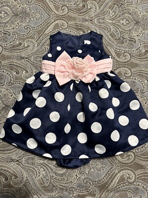 Rare Editions Baby Girls Polka Dot Shantung Bow And Flower Navy