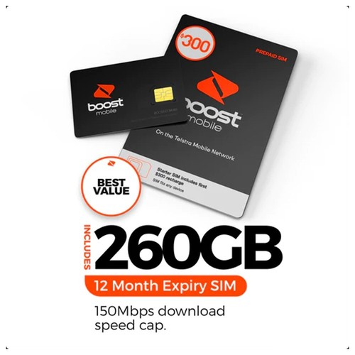 Boost 300 Prepaid SIM Card Starter Kit 260 GB Data 12 Months Expiry