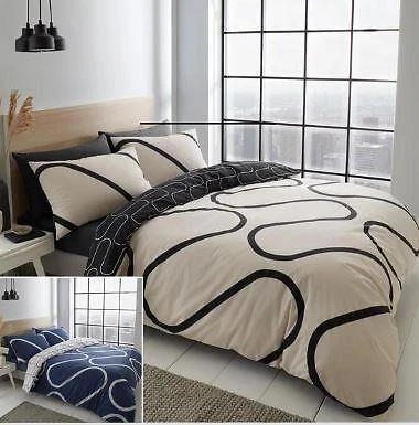Catherine Lansfield Geometric Linear Curves Duvet Cover Set Black Navy Bedding