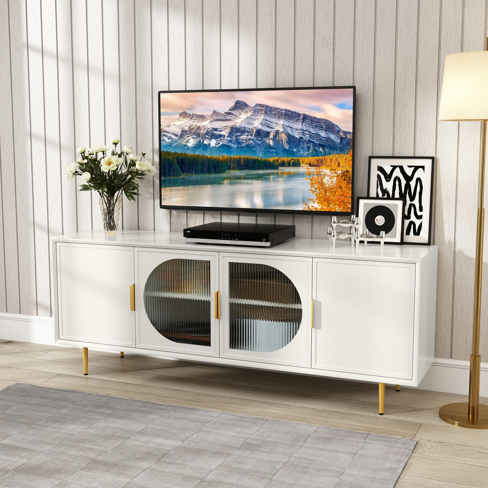 Glass Door TV Stand For TV Up To 75" Modern Entertainment Center With Gold Leg